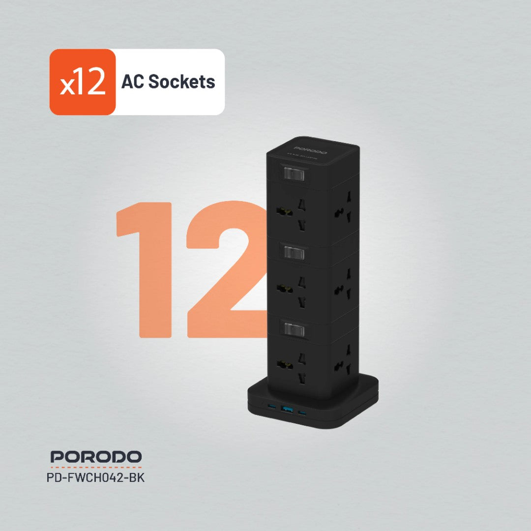 Porodo Three-Story 12AC Power Hub with USB-C PD &amp; Quick Charge 3.0
