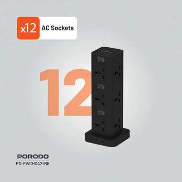 Porodo Three-Story 12AC Power Hub with USB-C PD &amp; Quick Charge 3.0