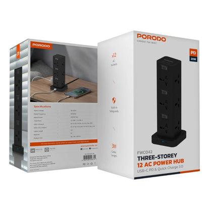 Porodo Three-Story 12AC Power Hub with USB-C PD &amp; Quick Charge 3.0