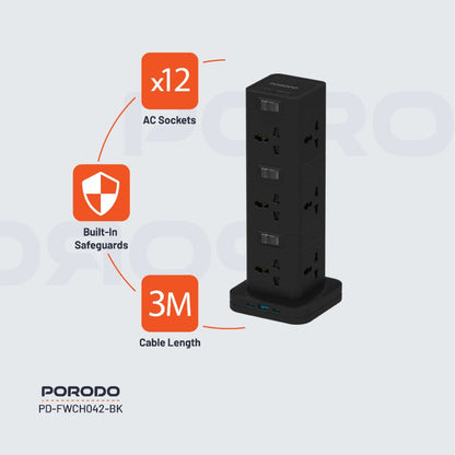 Porodo Three-Story 12AC Power Hub with USB-C PD &amp; Quick Charge 3.0