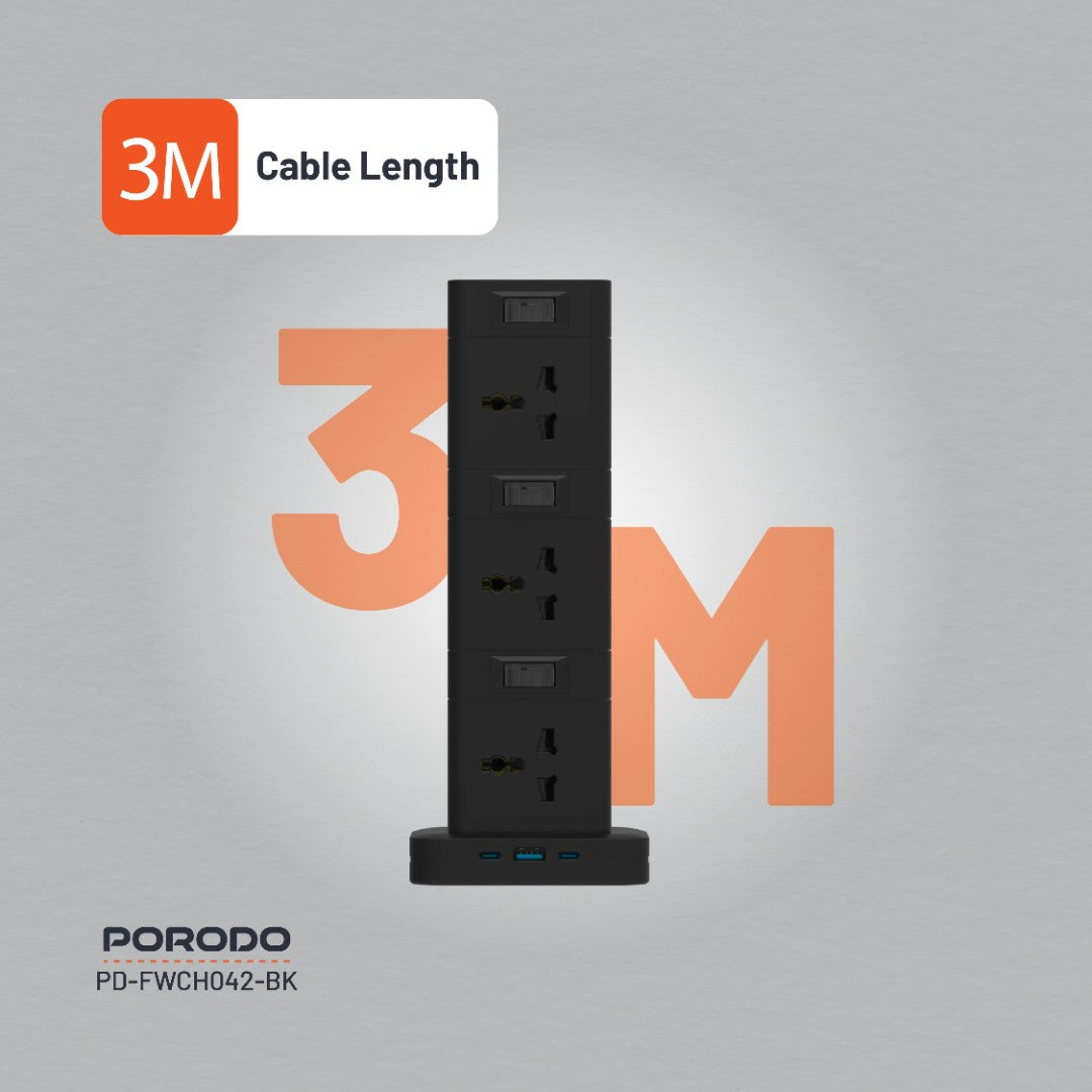 Porodo Three-Story 12AC Power Hub with USB-C PD &amp; Quick Charge 3.0