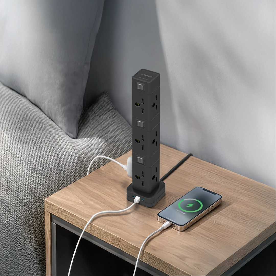 Porodo Three-Story 12AC Power Hub with USB-C PD &amp; Quick Charge 3.0