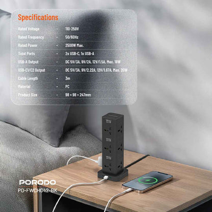 Porodo Three-Story 12AC Power Hub with USB-C PD &amp; Quick Charge 3.0
