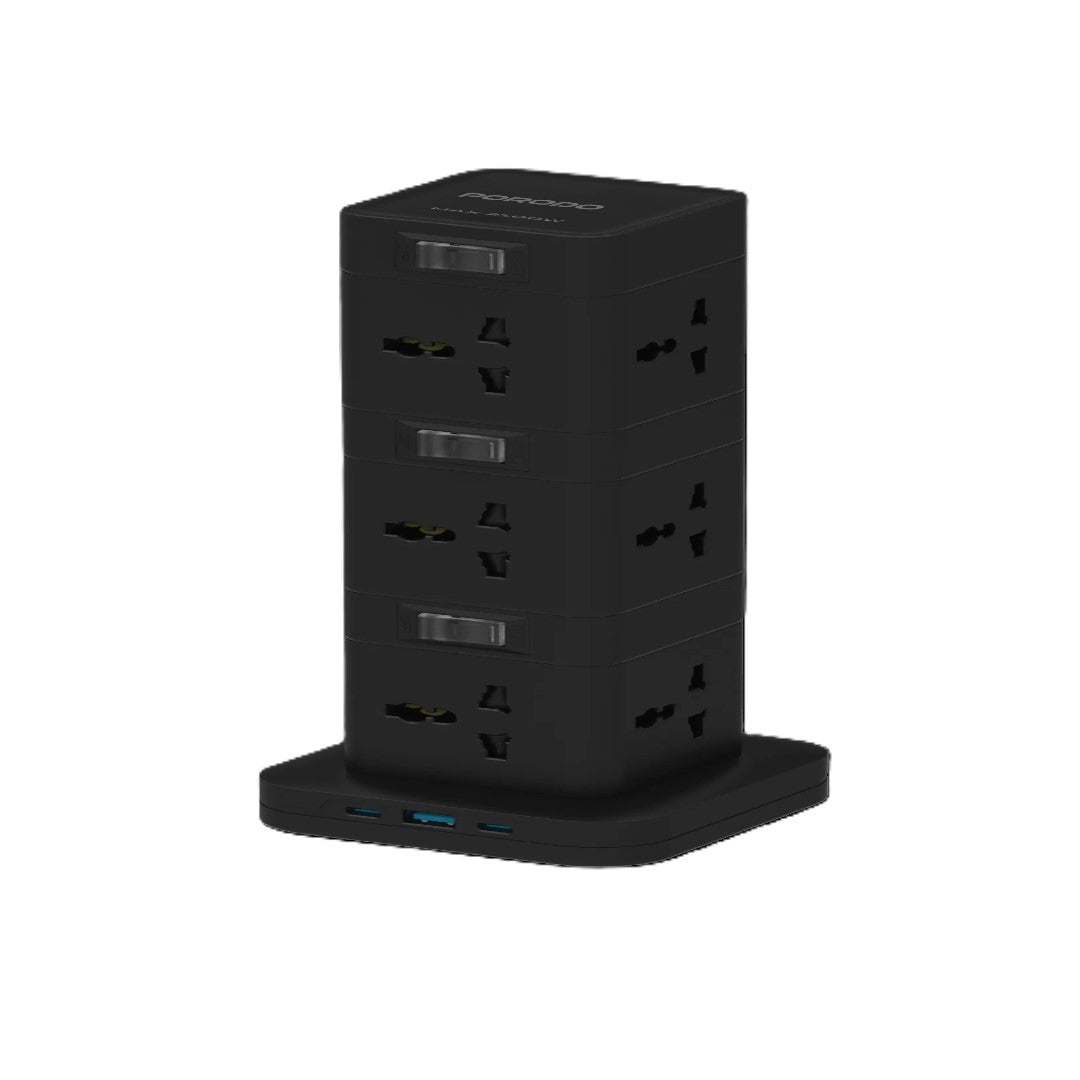 Porodo Three-Story 12AC Power Hub with USB-C PD &amp; Quick Charge 3.0