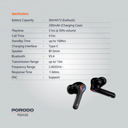 Porodo Ultra Low-Latency Gaming Earbuds | ENC &amp; RGB Lights