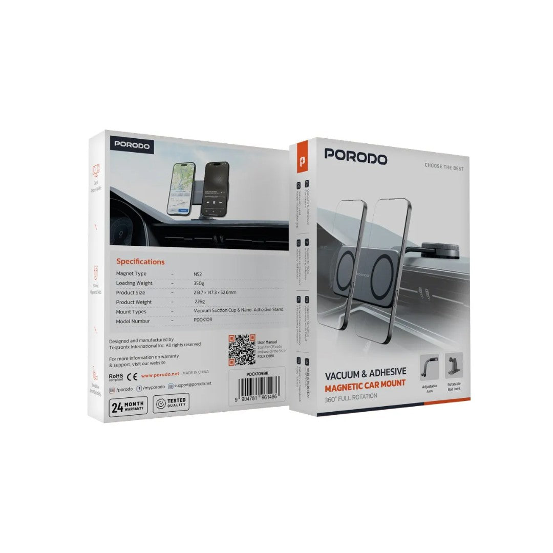 Porodo Vacuum &amp; Adhesive Magnetic Car Mount