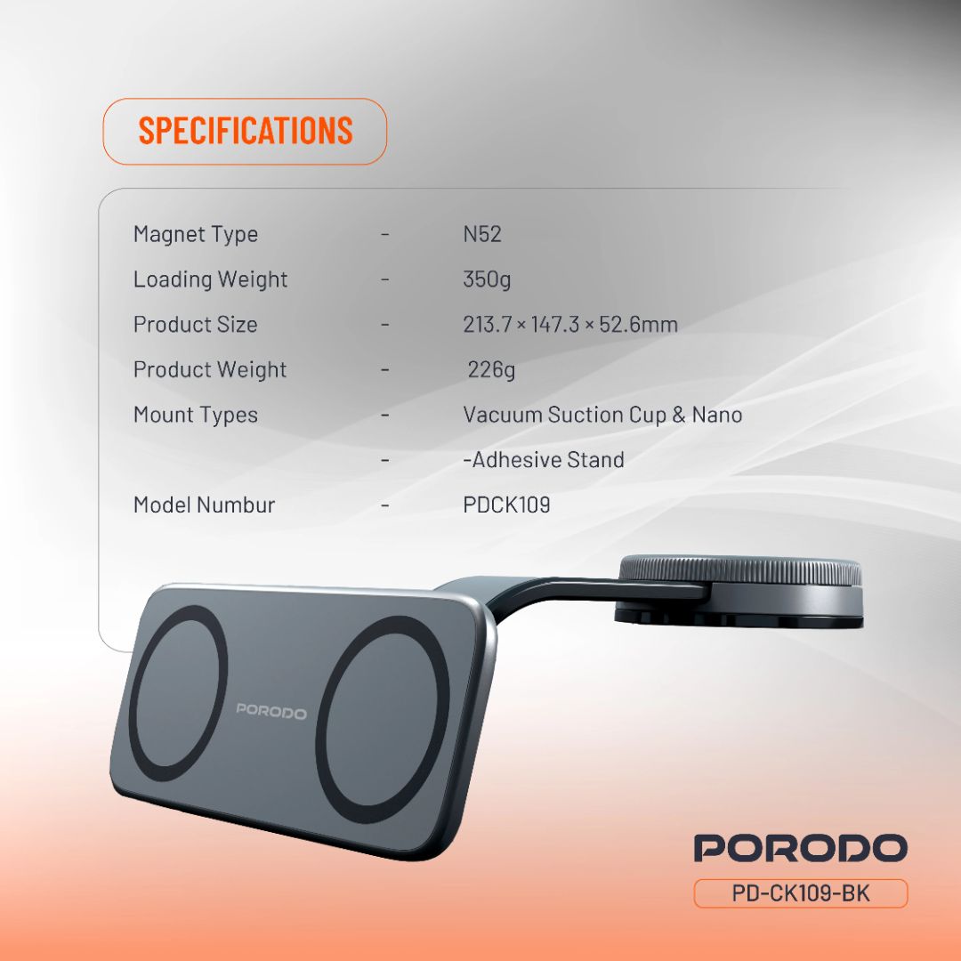 Porodo Vacuum &amp; Adhesive Magnetic Car Mount