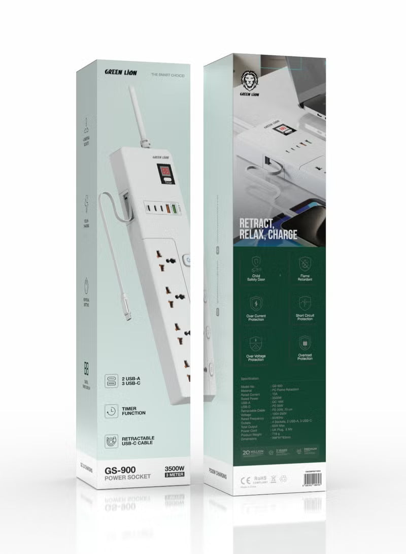 GS-900 Power Socket 3M 3500W with Retractable USB-C Cable